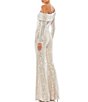 Color:Nude Silver - Image 2 - Asymmetric Off-The-Shoulder Long Sleeve Flare Leg Sequin Jumpsuit