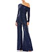 Color:Midnight - Image 1 - Asymmetric Off-The-Shoulder Long Sleeve Flare Leg Sequin Jumpsuit
