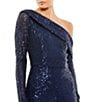 Color:Midnight - Image 3 - Asymmetric Off-The-Shoulder Long Sleeve Flare Leg Sequin Jumpsuit