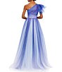 Color:Royal Ombre - Image 2 - Asymmetrical One Shoulder Short Ruffle Sleeve Ruched Ombre Ballgown
