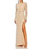 Color:Nude Silver - Image 1 - Beaded Boat Neck Belted Long Sleeve Side Slit Gown