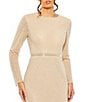 Color:Nude Silver - Image 3 - Beaded Boat Neck Belted Long Sleeve Side Slit Gown