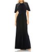 Color:Navy - Image 1 - Beaded Capelet Short Sleeve Ruched Waist Jersey Gown