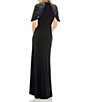 Color:Navy - Image 2 - Beaded Capelet Short Sleeve Ruched Waist Jersey Gown