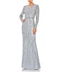 Color:Platinum - Image 1 - Beaded Crew Neck Long Sleeve Gown