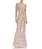 Color:Mocha - Image 1 - Beaded Crew Neck Long Sleeve Gown