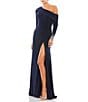 Color:Midnight - Image 1 - Beaded Cuff Drop Shoulder Asymmetrical One Shoulder Long Sleeve Thigh High Slit Gown
