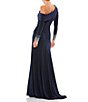 Color:Midnight - Image 2 - Beaded Cuff Drop Shoulder Asymmetrical One Shoulder Long Sleeve Thigh High Slit Gown
