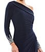 Color:Midnight - Image 3 - Beaded Cuff Drop Shoulder Asymmetrical One Shoulder Long Sleeve Thigh High Slit Gown