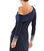 Color:Midnight - Image 4 - Beaded Cuff Drop Shoulder Asymmetrical One Shoulder Long Sleeve Thigh High Slit Gown