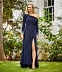 Color:Midnight - Image 5 - Beaded Cuff Drop Shoulder Asymmetrical One Shoulder Long Sleeve Thigh High Slit Gown