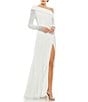 Color:White - Image 1 - Beaded Cuff Drop Shoulder Asymmetrical One Shoulder Long Sleeve Thigh High Slit Gown