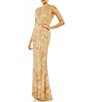 Color:Light Gold - Image 1 - Beaded Embellished Crew Neck Cap Shimmer Fringe Sleeve Sheath Gown