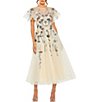 Color:Nude - Image 1 - Beaded Illusion Crew Neck Flutter Sleeve Fit and Flare Dress