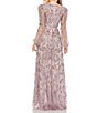 Color:Heather - Image 2 - Beaded Long Illusion Puffed Sleeve A-Line Gown