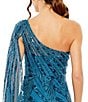 Color:Ocean Blue - Image 4 - Beaded One Shoulder Cape Sleeve Gown