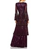 Color:Blackberry - Image 2 - Beaded Sequin V-Neck Long Bell Sleeve Tiered Gown