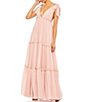 Color:Blush - Image 1 - Bow Tie Strap Detail Double V Back Sleeveless Tiered Chiffon Empire Waist A-Line Gown