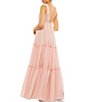 Color:Blush - Image 2 - Bow Tie Strap Detail Double V Back Sleeveless Tiered Chiffon Empire Waist A-Line Gown