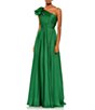 Color:Emerald Green - Image 1 - Chiffon Pleated Asymmetrical Neck Shoulder Ruffle Cap Sleeve Thigh High Slit Gown