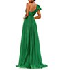 Color:Emerald Green - Image 2 - Chiffon Pleated Asymmetrical Neck Shoulder Ruffle Cap Sleeve Thigh High Slit Gown