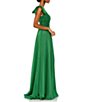 Color:Emerald Green - Image 3 - Chiffon Pleated Asymmetrical Neck Shoulder Ruffle Cap Sleeve Thigh High Slit Gown