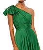 Color:Emerald Green - Image 4 - Chiffon Pleated Asymmetrical Neck Shoulder Ruffle Cap Sleeve Thigh High Slit Gown