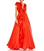 Color:Cherry - Image 1 - Deep V-Neck Sleeveless Ruffled Shoulder Ball Gown