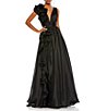 Color:Black - Image 1 - Deep V-Neck Sleeveless Ruffled Shoulder Ball Gown