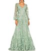 Color:Sage - Image 1 - Embroidered Lace V-Neck Long Balloon Sleeve Tiered A-Line Gown
