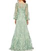 Color:Sage - Image 2 - Embroidered Lace V-Neck Long Balloon Sleeve Tiered A-Line Gown