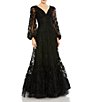 Color:Black - Image 1 - Embroidered Lace V-Neck Long Balloon Sleeve Tiered A-Line Gown
