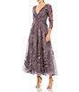 Color:Aubergine - Image 1 - Embroidered Surplice V-Neck 3/4 Sleeve Tea Length A-Line Dress