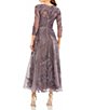 Color:Aubergine - Image 2 - Embroidered Surplice V-Neck 3/4 Sleeve Tea Length A-Line Dress