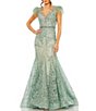 Color:Sage - Image 1 - Feather Cap Sleeve Illusion V-Neck Sheer Back Mermaid Gown