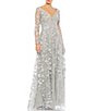 Color:Platinum - Image 1 - Floral Applique Split V-Neck Illusion Long Sleeve Gown
