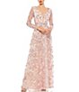 Color:Rose Pink - Image 1 - Floral Applique Split V-Neck Illusion Long Sleeve Gown