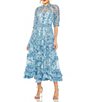 Color:Blue Multi - Image 1 - Floral Print Chiffon Short Puffed Sleeve High Neck Midi Dress