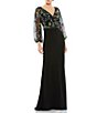 Color:Black/Multi - Image 1 - Floral Embroidered Surplice V-Neck Long Puff Sleeve Gown