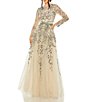 Color:Sage Multi - Image 1 - Floral Embroidery Illusion Crew Neck Long Sleeve Gown