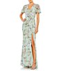 Color:Sea Mist - Image 1 - Floral Sequin Short Butterfly Sleeve Faux Wrap Thigh High Slit Gown