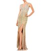 Color:Shimmering Gold - Image 1 - Fully Sequin V-Neck Sleeveless Front Slit Open Back Detail Column Gown