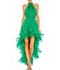 Color:Emerald - Image 1 - Halter Neckline Ruffle Tiered High Lo Dress
