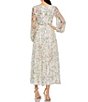 Color:White Multi - Image 2 - Illusion Puff Sleeve Sequined Floral Midi Dress