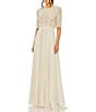 Color:Nude - Image 1 - Crew Neck Half Sleeve Beaded Bodice A-Line Gown