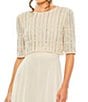 Color:Nude - Image 3 - Crew Neck Half Sleeve Beaded Bodice A-Line Gown