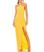 Color:Marigold - Image 1 - Knit Jersey Halter Neck Ruched High Side Slit Column Gown
