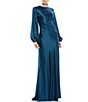 Color:Sapphire - Image 1 - Long Bishop Sleeve Beaded Crew Neck Satin Gown