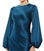 Color:Sapphire - Image 3 - Long Bishop Sleeve Beaded Crew Neck Satin Gown