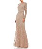 Color:Mocha - Image 1 - Long Sleeve Sequin Crew Neck Fully Lined Sheath Gown